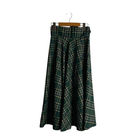 Zara Woman Green Plaid A-Line Belted Skirt - Picture 1 of 8